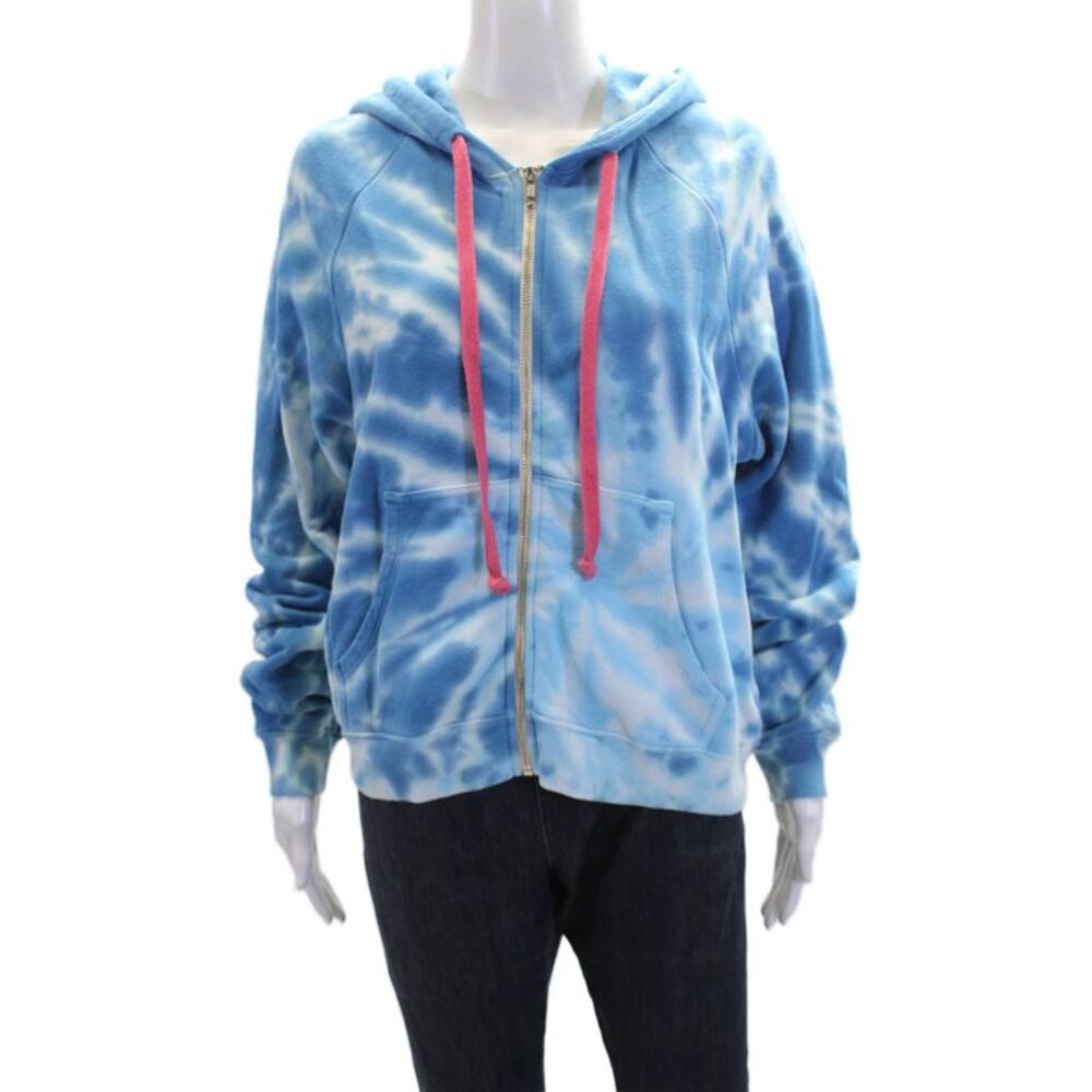 Warm Womens Tie-Dye Long Sleeve Drawstring Full Zippered Hoodie Blue Size S
